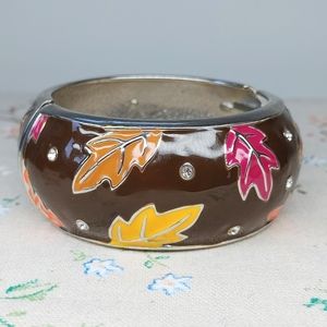 Vintage Bangle Cuff Bracelet Chunky Wide Enamel with Fall Leaves
